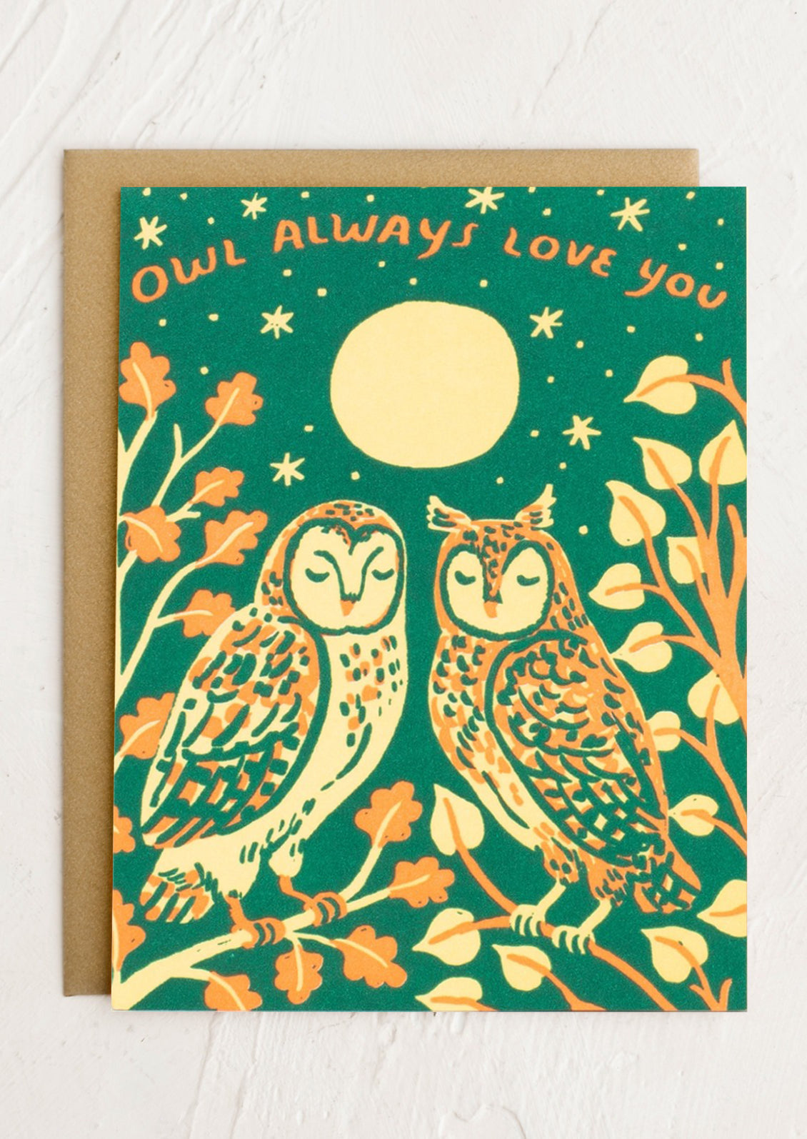 A card with image of two owls, text reads "Owl Always Love You".