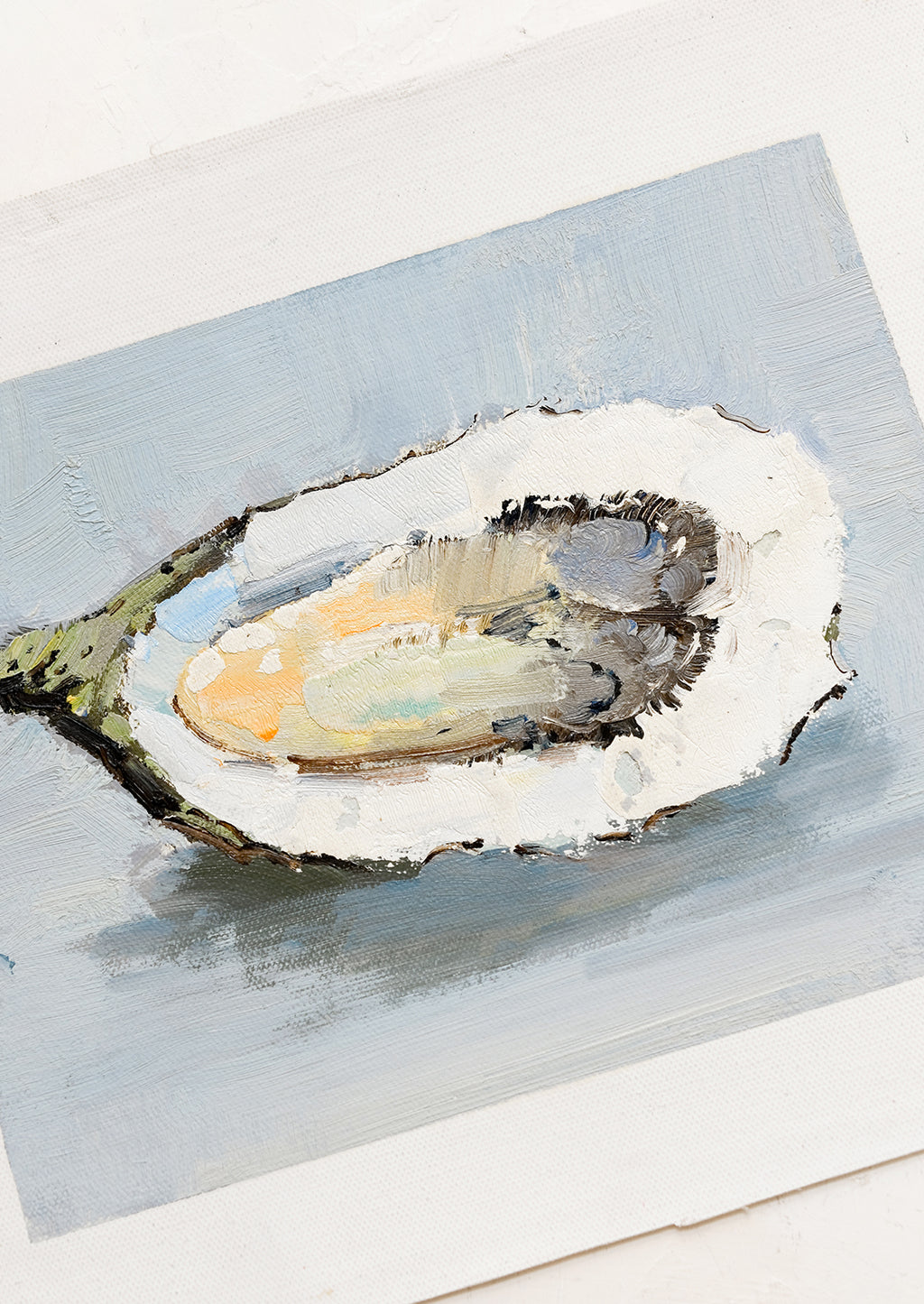 2: An original oil painting of oyster on blue background.