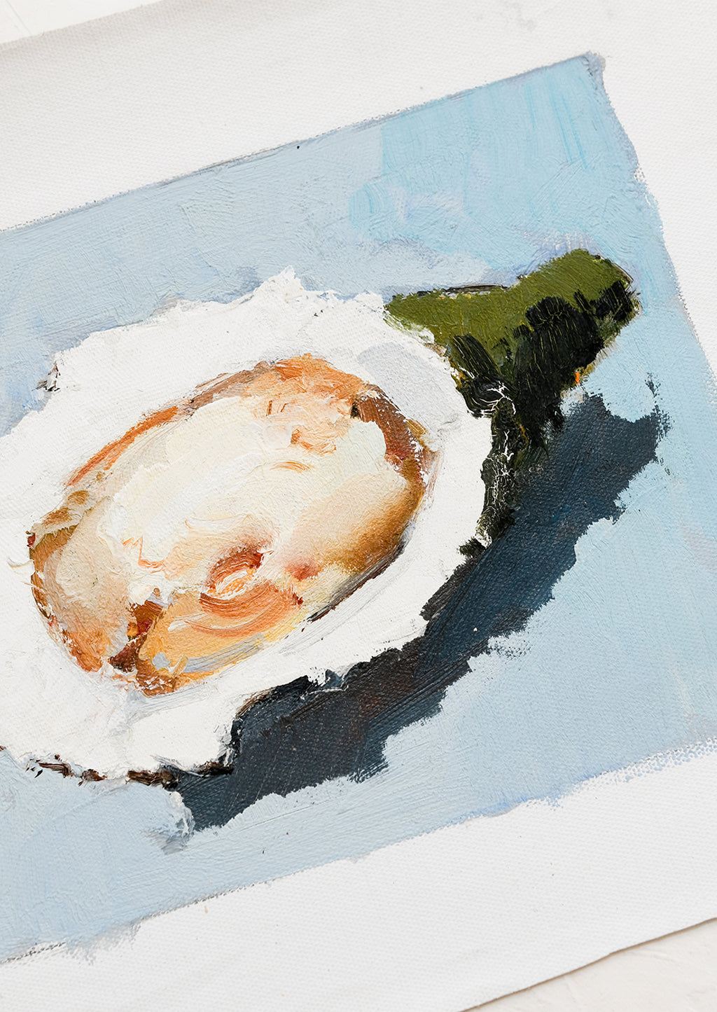 2: An original oil painting on unstretched canvas of oyster still life on blue background.