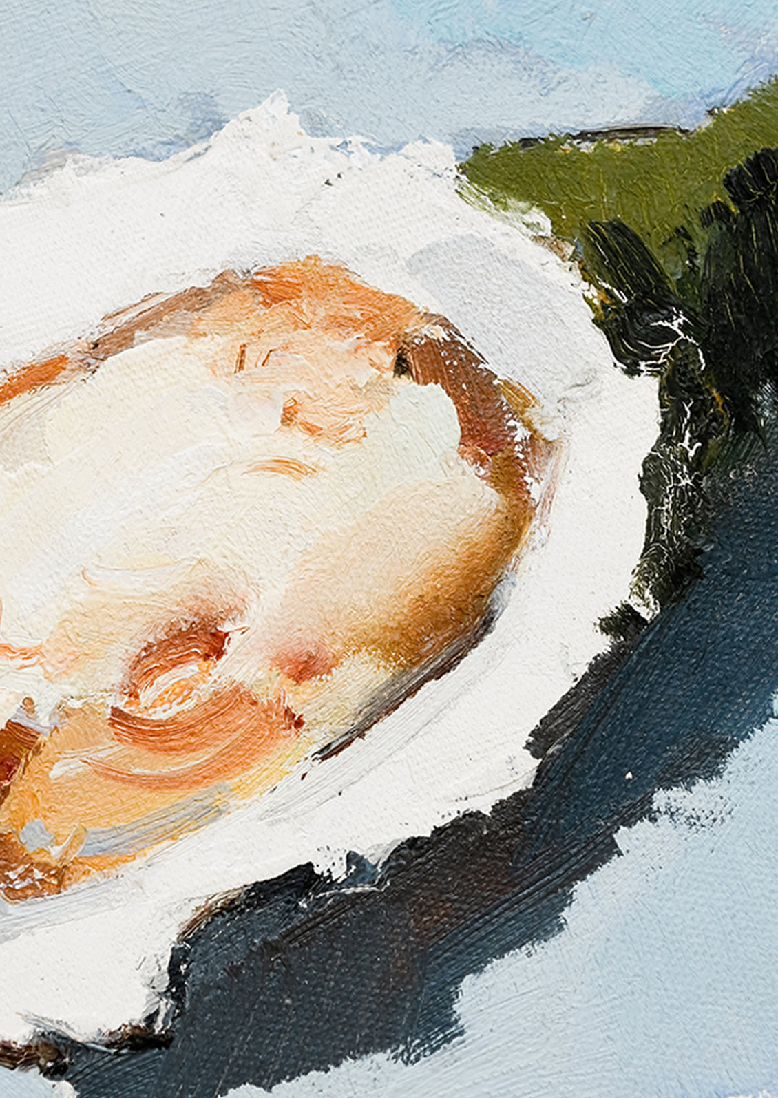 An original oil painting on unstretched canvas of oyster still life on blue background.