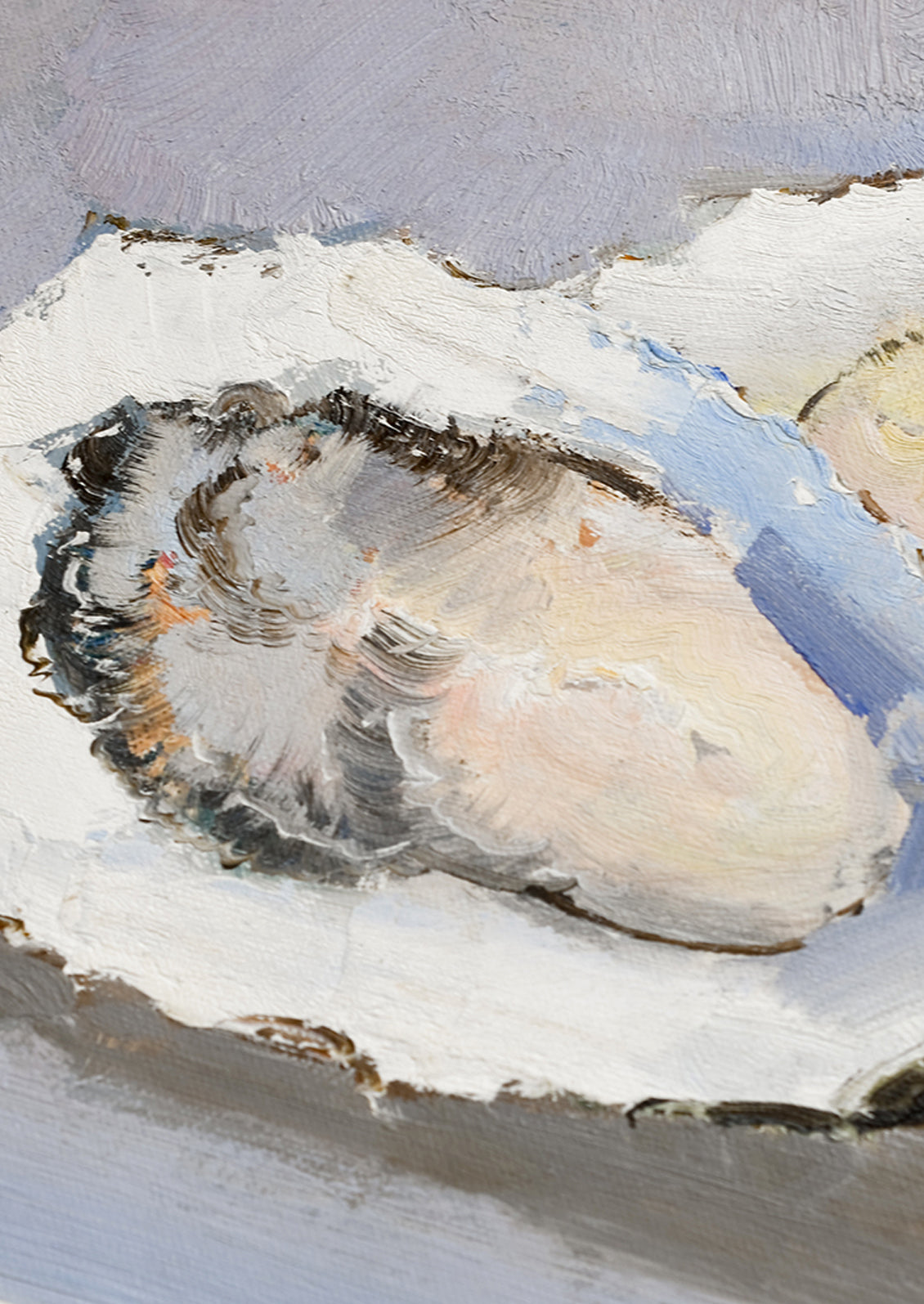 An oyster still life oil painting with blue-grey background.