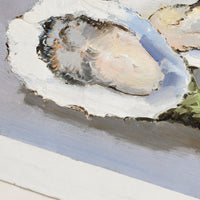 2: An oyster still life oil painting with blue-grey background.