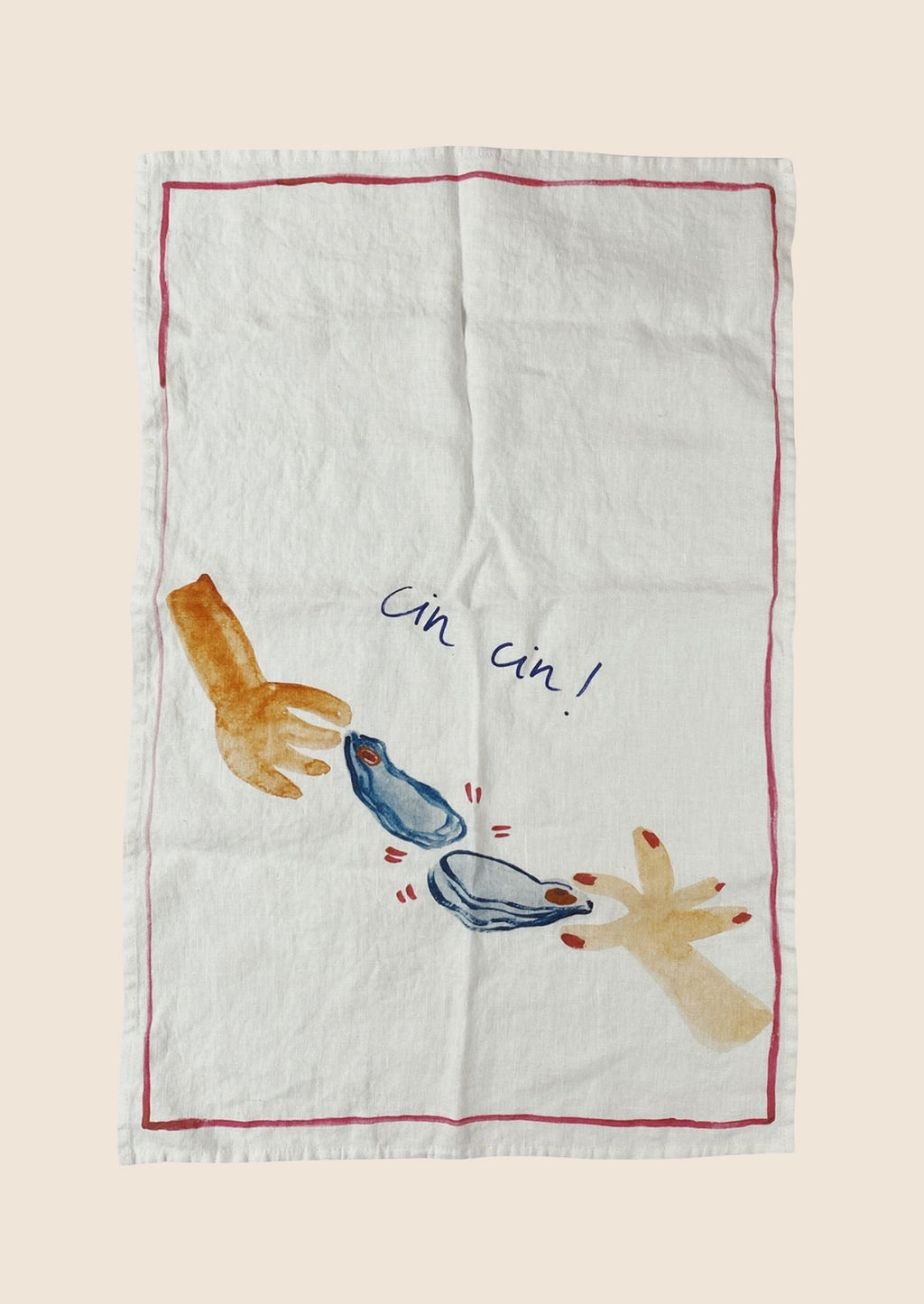 Cin Cin: A white linen tea towel with Cin Cin oyster cheers graphic and text.