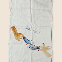 Cin Cin: A white linen tea towel with Cin Cin oyster cheers graphic and text.