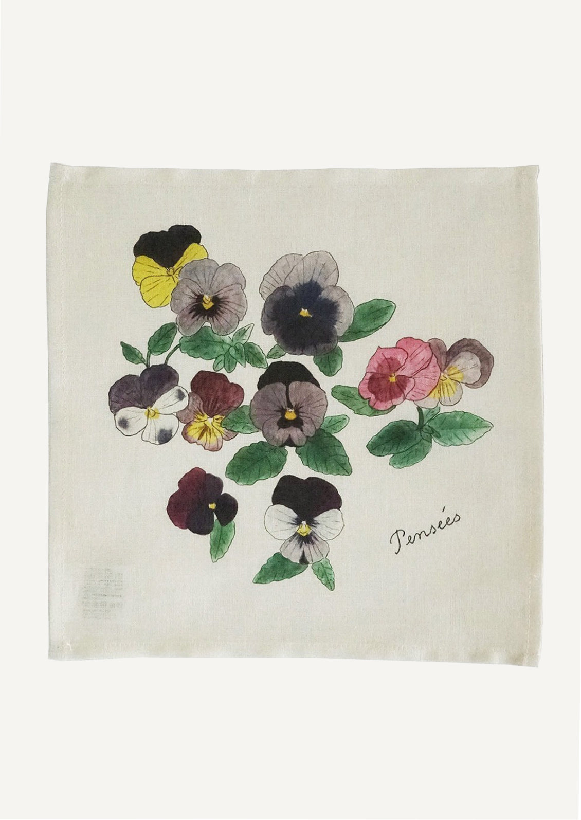 A linen handkerchief with screen printed pansies illustration.