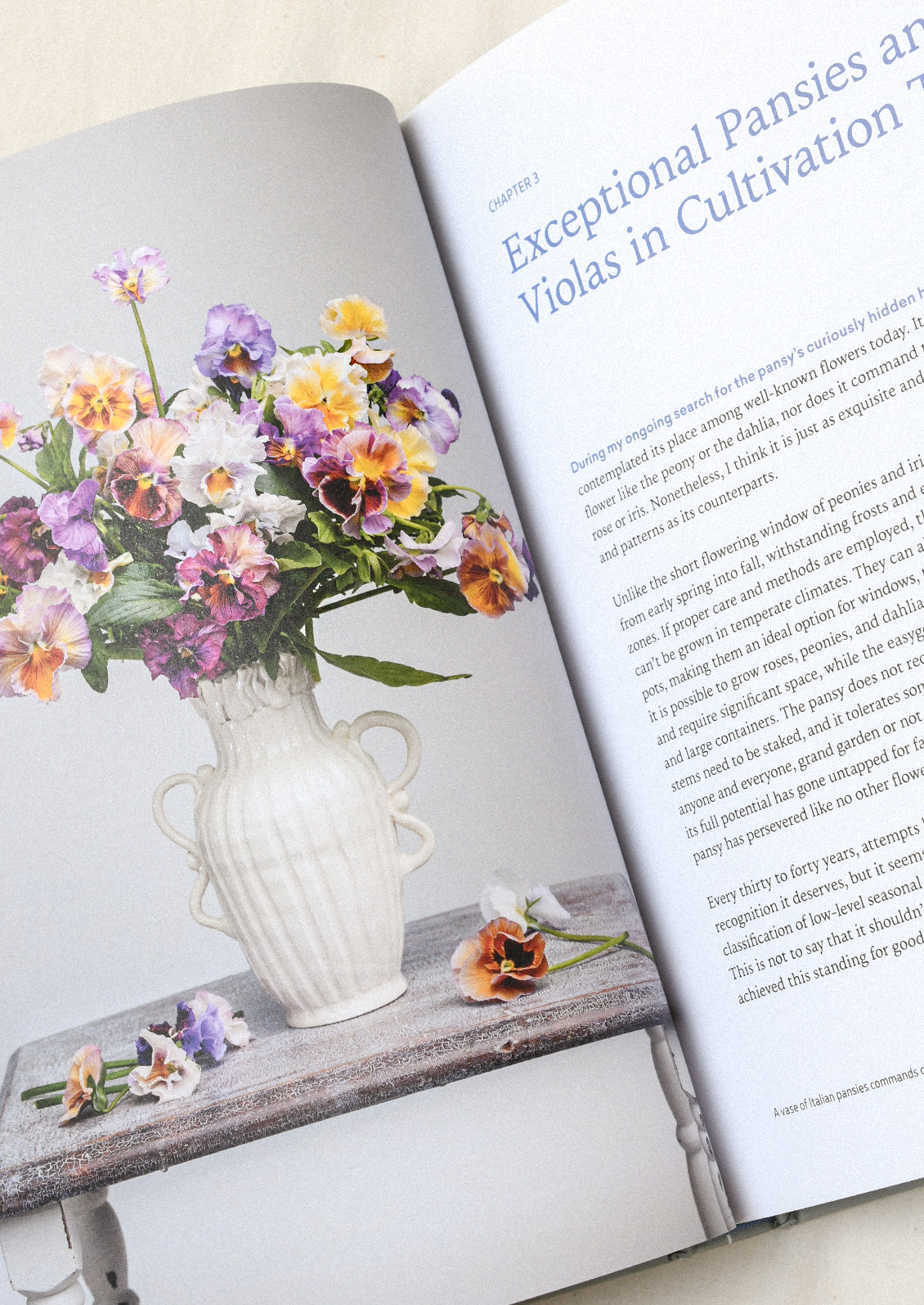 A book open on a table with an image of a bouquet of pansies in a large white vase.