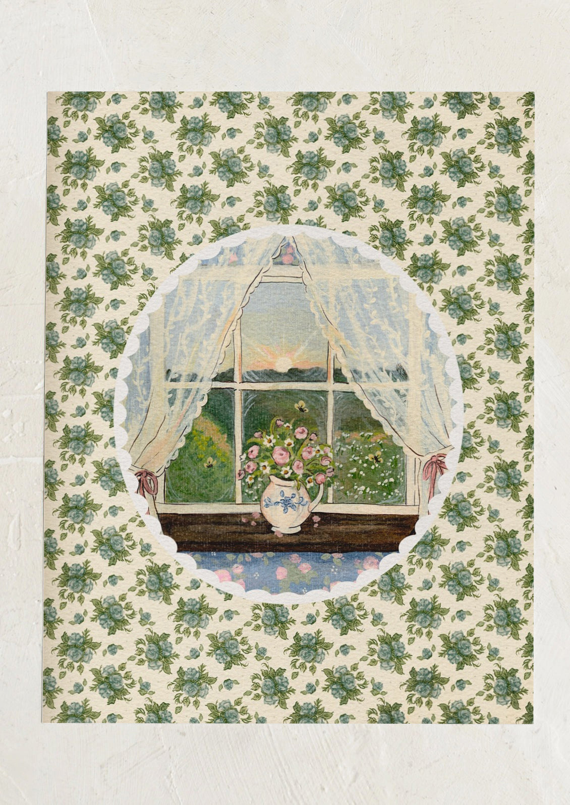Decorative illustration of a window with floral patterns and a vase of flowers, framed by floral wallpaper.