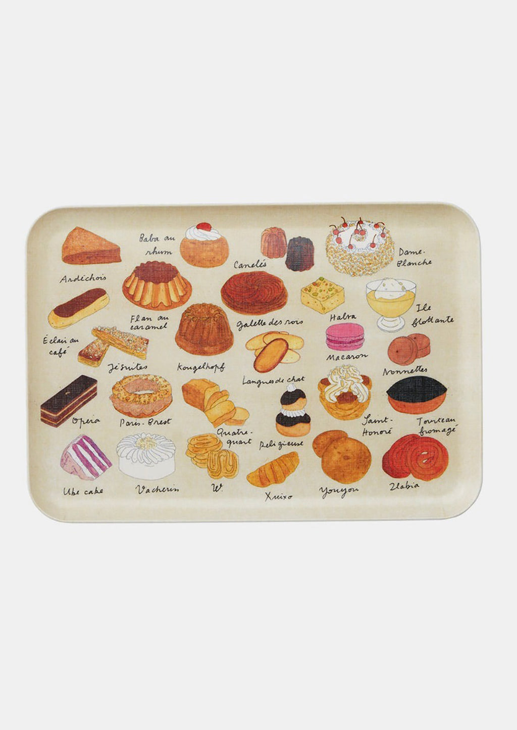 1: A printed tray with pastries pattern.