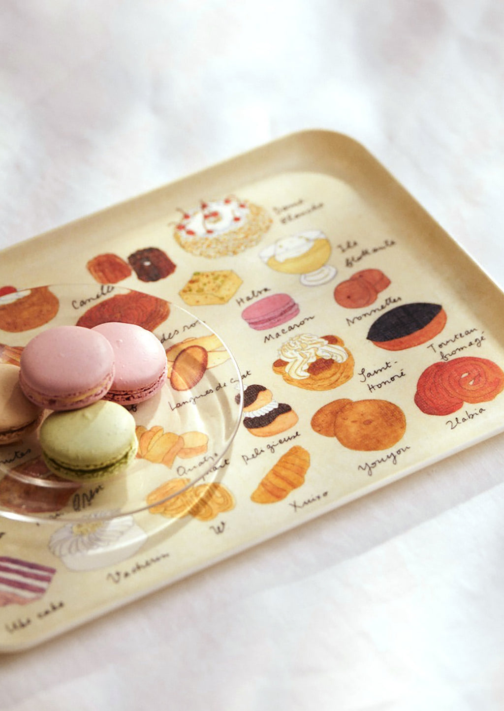 2: A printed tray with pastries pattern.