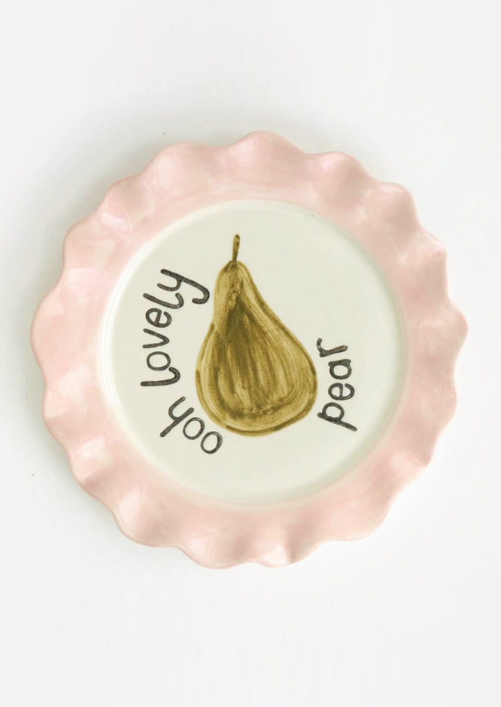 Lovely Pear: A printed ceramic plate with pink colored rim and pear graphic, text reads "Ooh lovely pear".