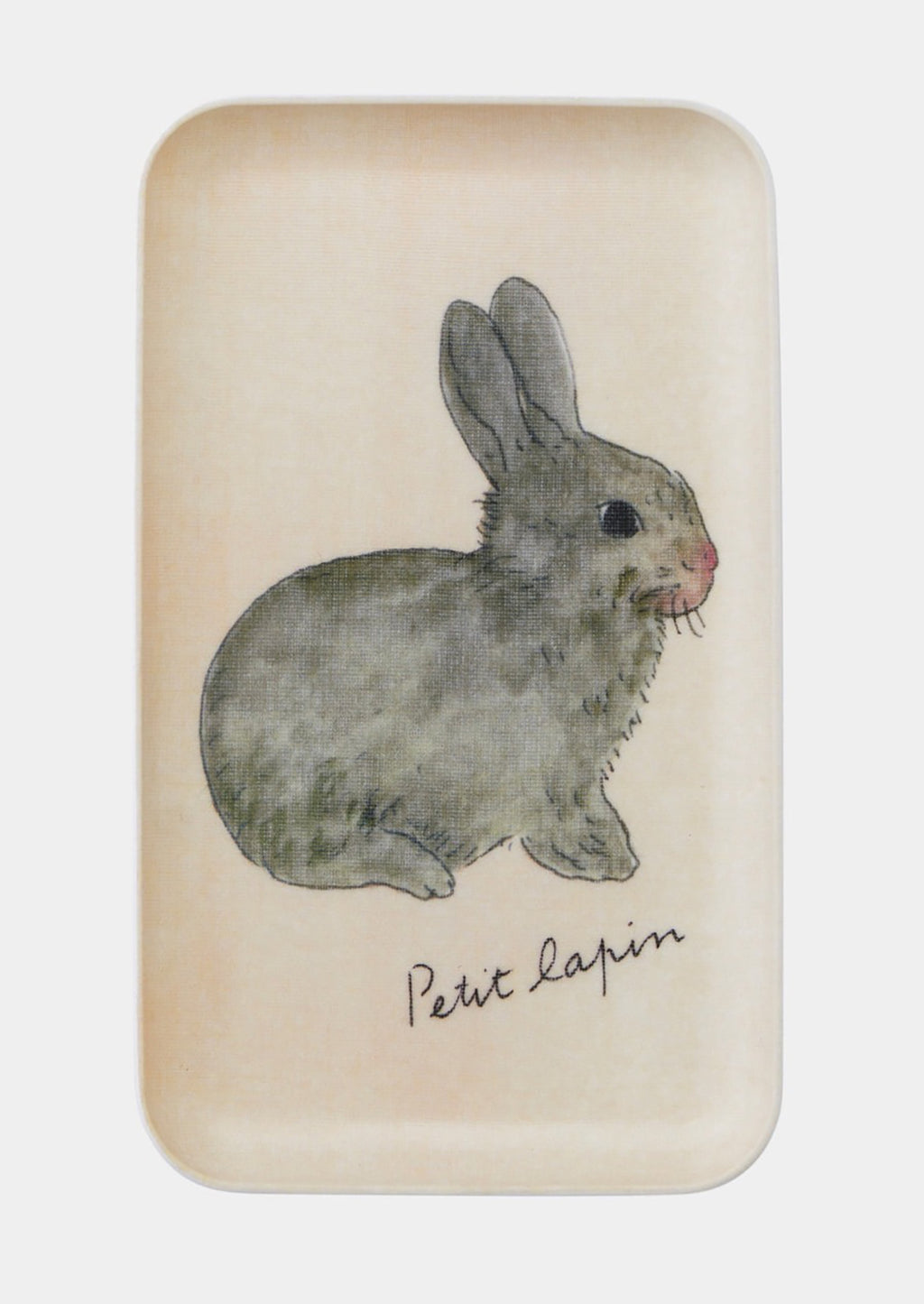 1: A rectangular tray with illustration of grey bunny.