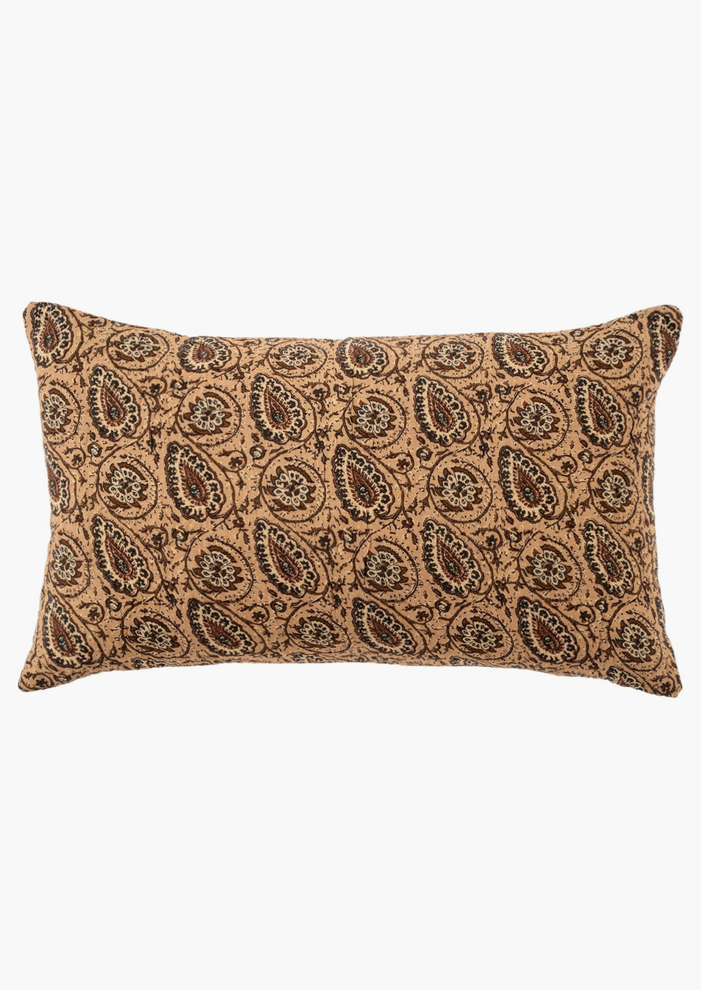 1: A lumbar throw pillow in peach paisley block print pattern.