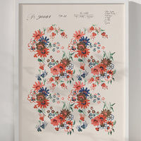 2: An antique inspired floral poster print in red, pink and blue, in white frame.