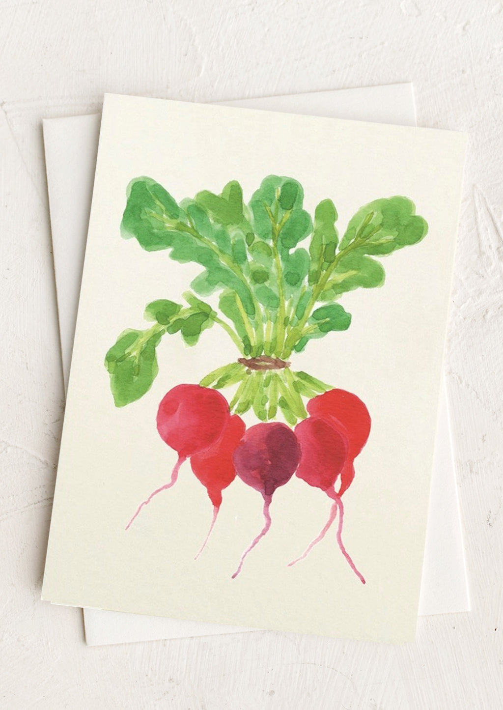 Radishes: An illustrated card with image of radish bunch.