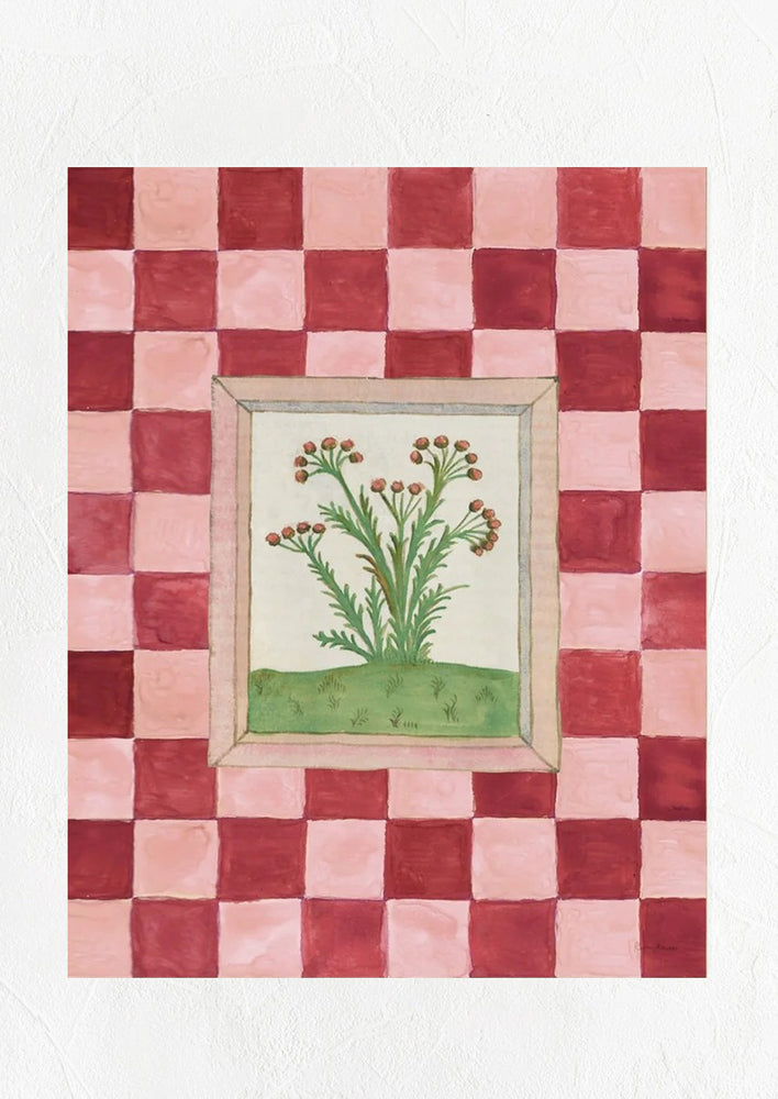 An art print with red and pink checker pattern and framed herb graphic at center.