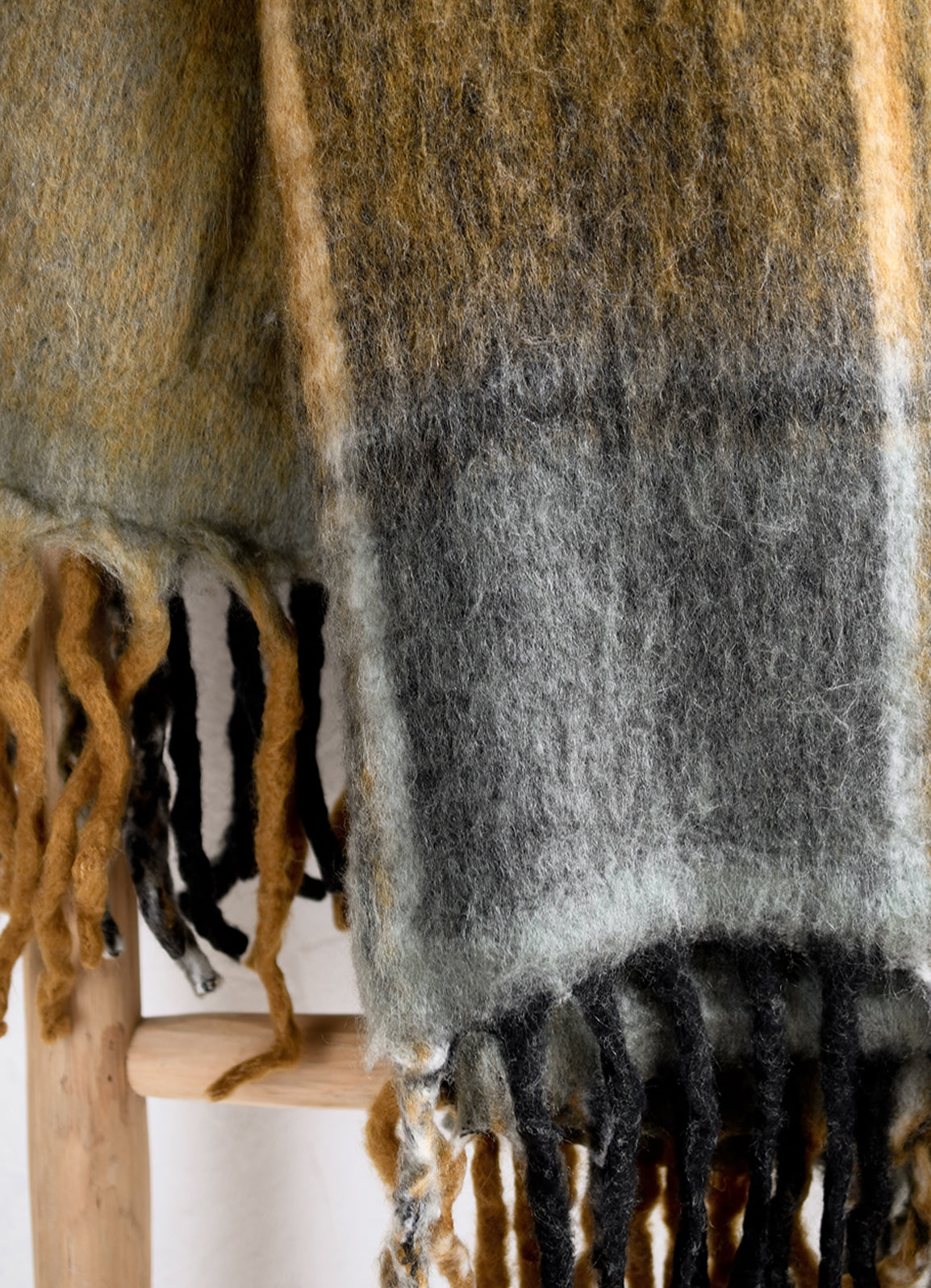 A mohair throw blanket with plaid pattern in grey, black and caramel.