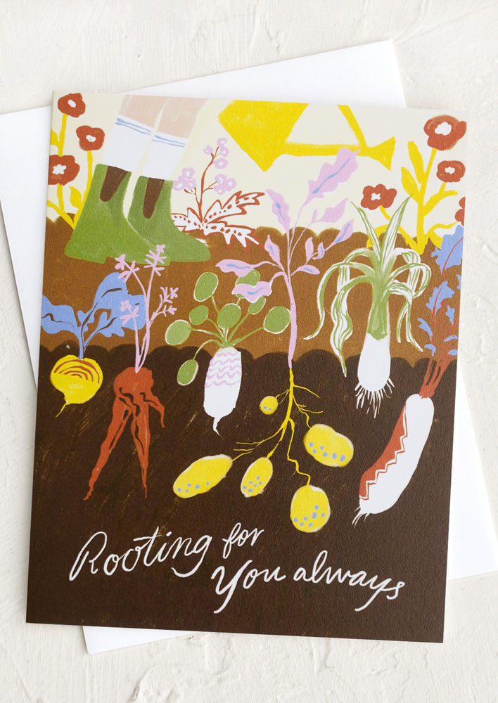 1: A gardening themed card reading "Rooting for you always".