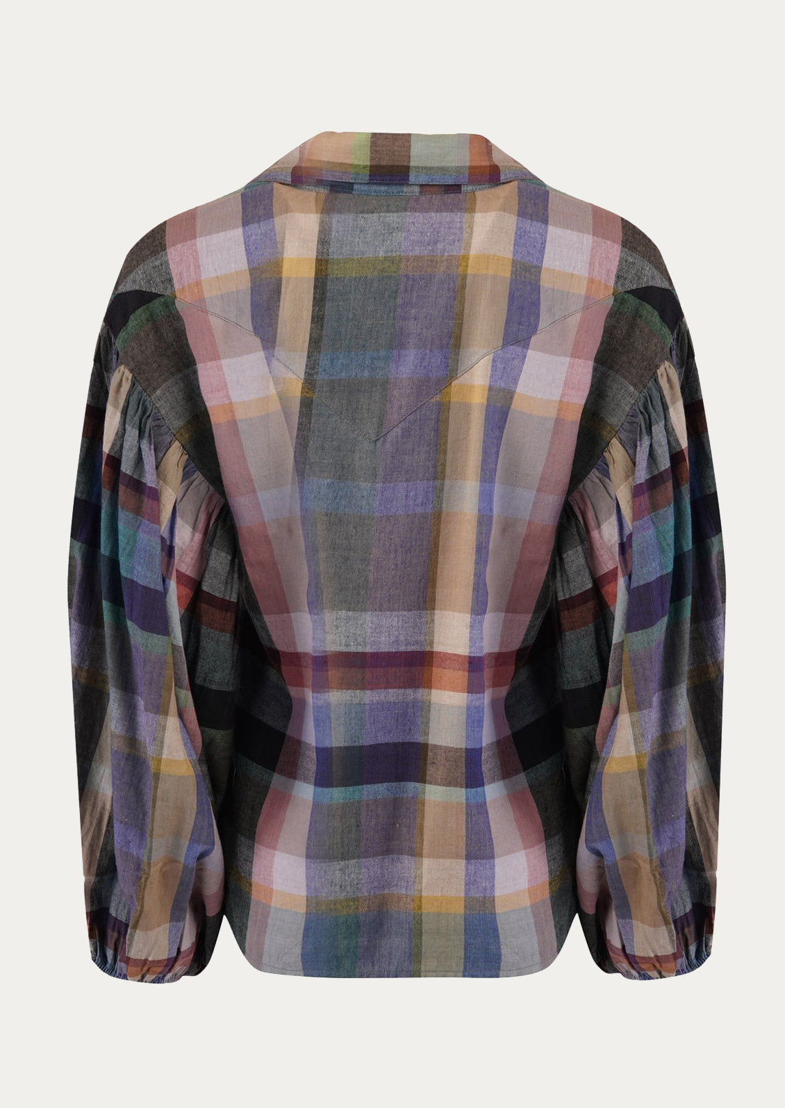 A multicolor plaid print blouse with blouson sleeves.