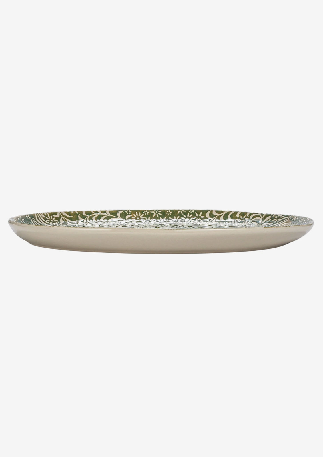 An oval shaped ceramic tray in green with botanical wax relief pattern.
