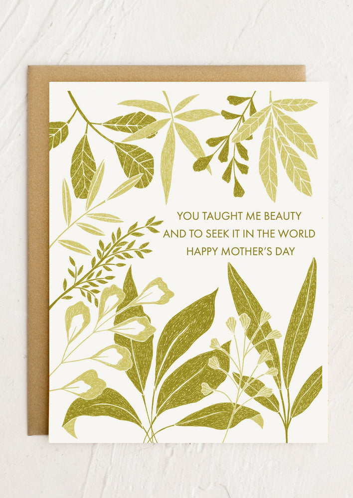 A leaf print card reading "You taught me beauty and to seek it in the world Happy Mother's Day".