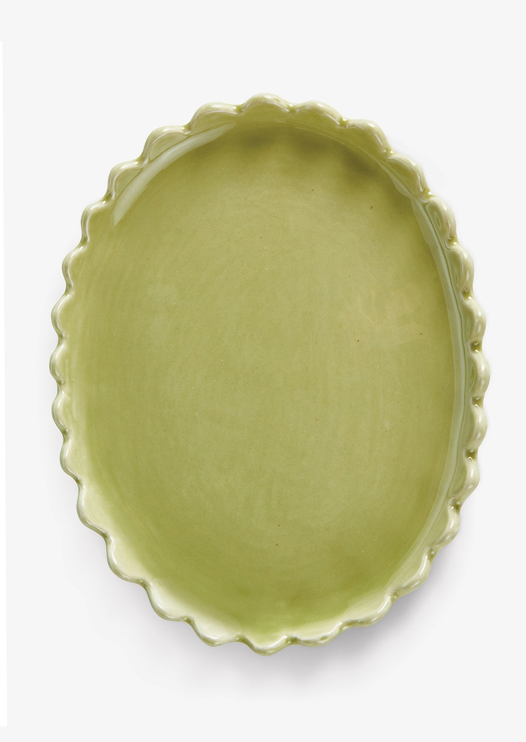 Meadow Green: A green ceramic oval tray with scalloped edges.