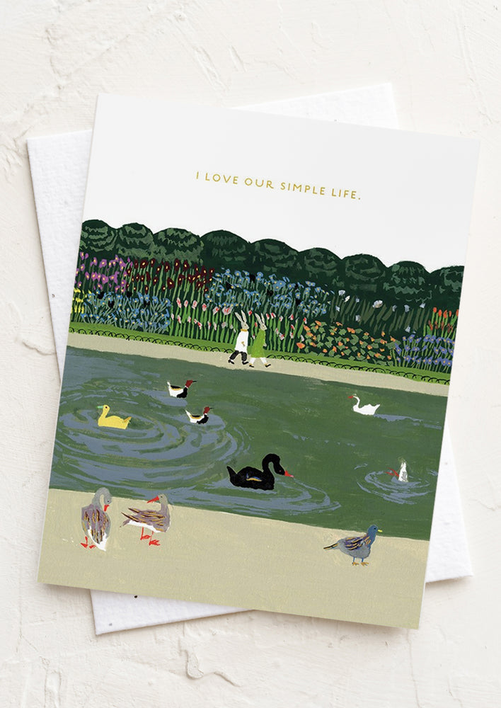 1: An illustrated greeting card reading "I love our simple life".