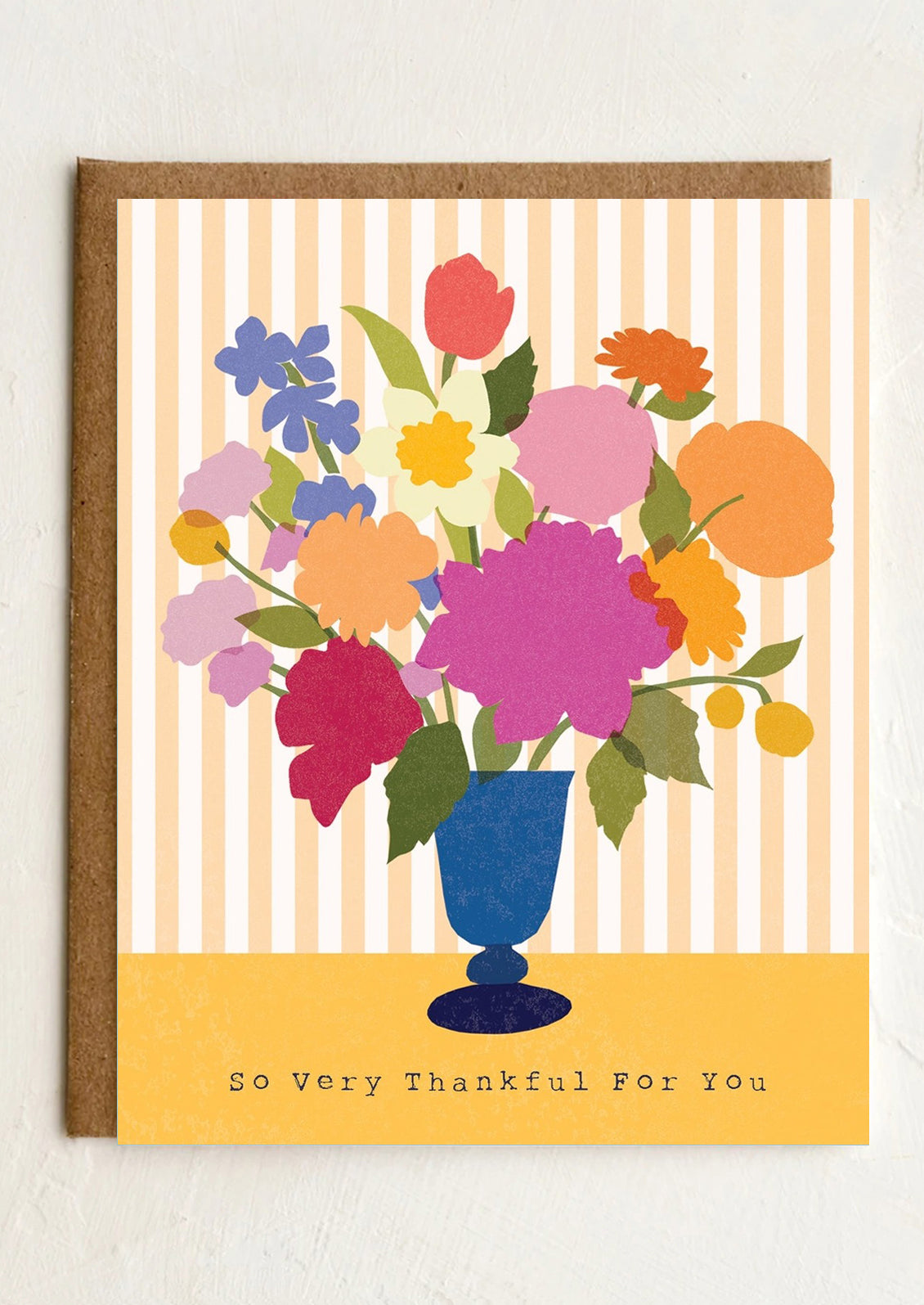 Greeting card with colorful floral design and 'So Very Thankful For You' text on a striped background.