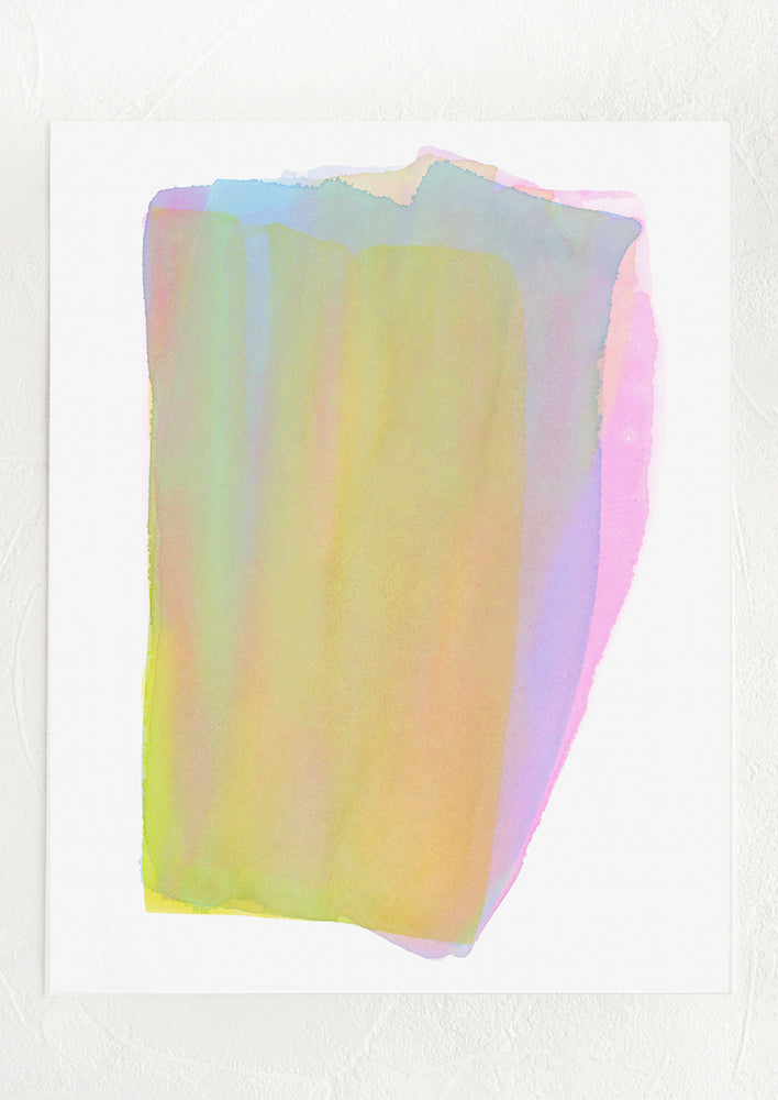 1: A watercolor art print with abstract layered color form in shades of pink, purple, blue, green and yellow.