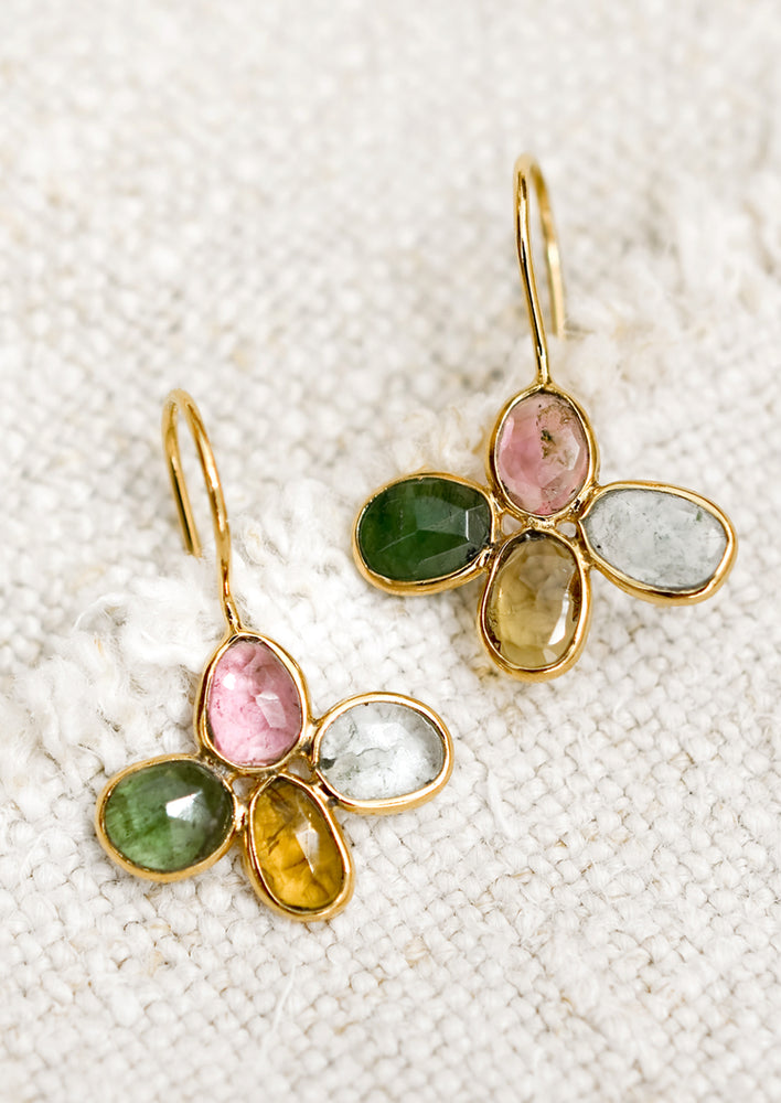 1: A pair of stained glass tourmaline earrings in gold.