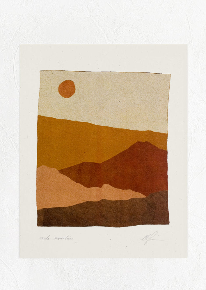 An art print of painting of a mountain scene in desert tones.