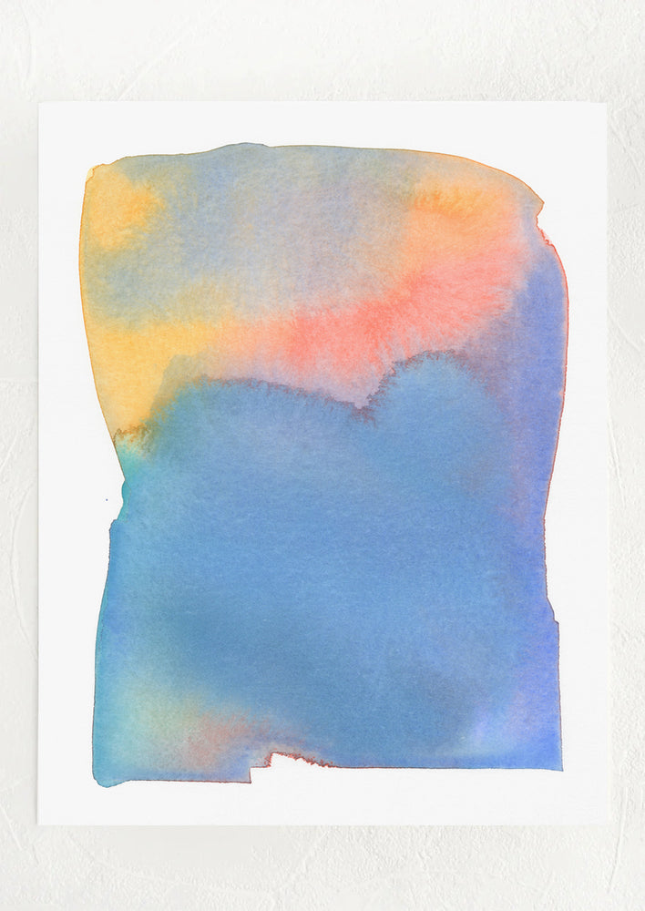 1: An abstract watercolor art print with layered colorform in shades of blue, pink and yellow.
