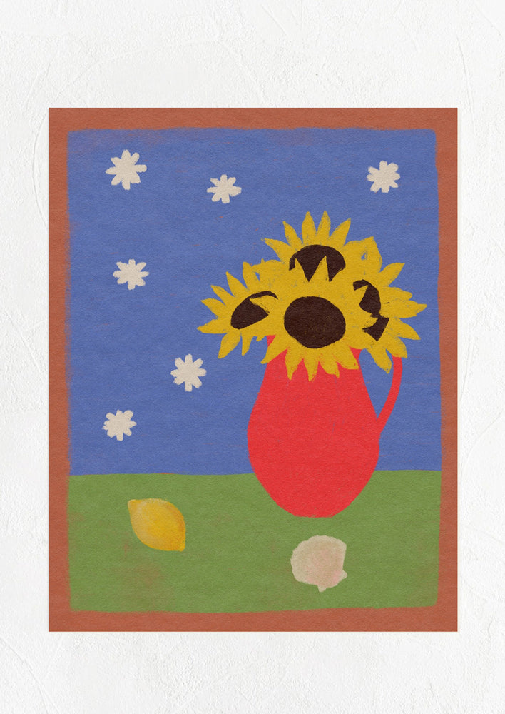 1: An art print of sunflowers in a red pitcher with stars, shell and lemon.