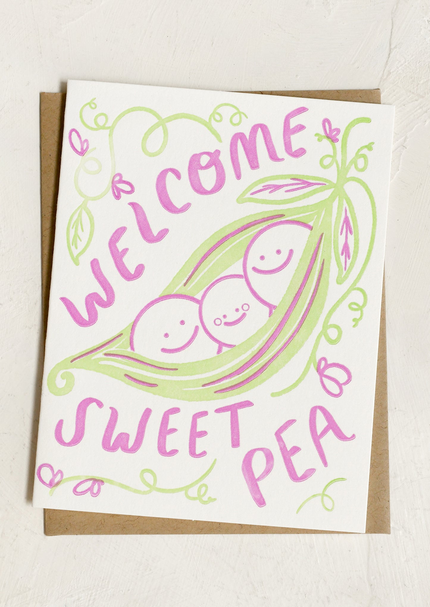 A card with illustration of peas in a pod, text reads "Welcome sweet pea".