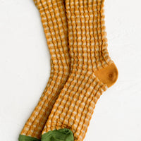 Mustard Multi: A pair of socks in mustard gingham with green cap toe.