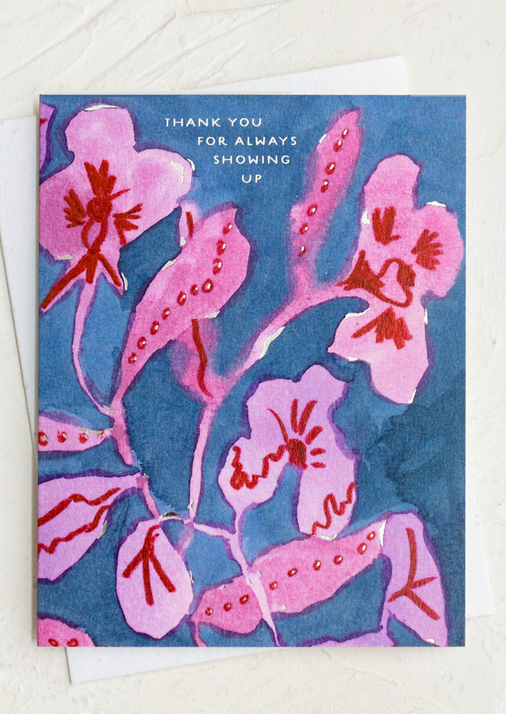 1: A floral print card reading "Thank you for always showing up".