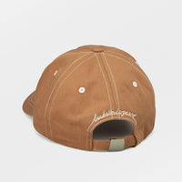 3: A brown color baseball cap with contrast white stitching.
