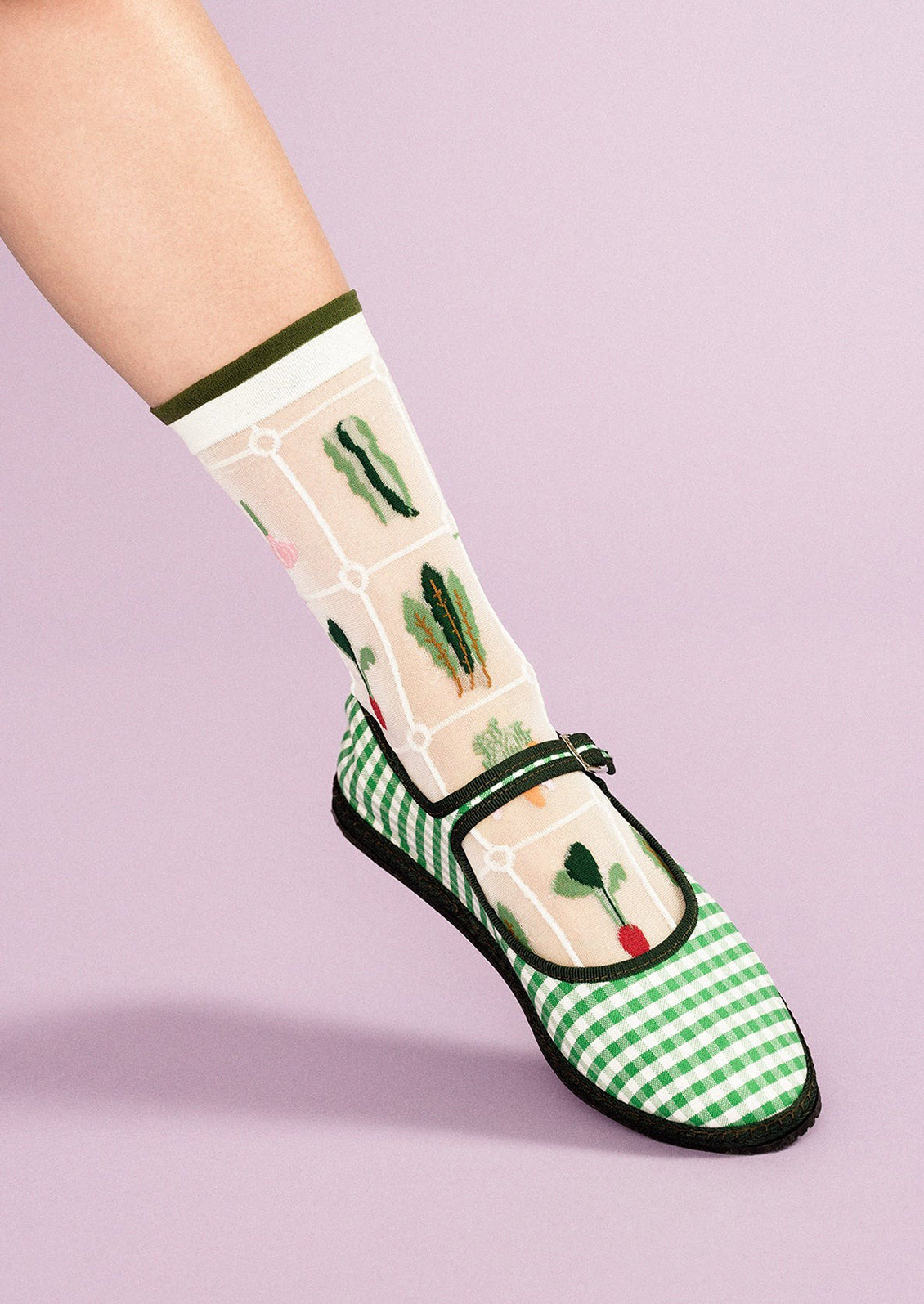 Sheer white nylon socks with multicolor veggie print.