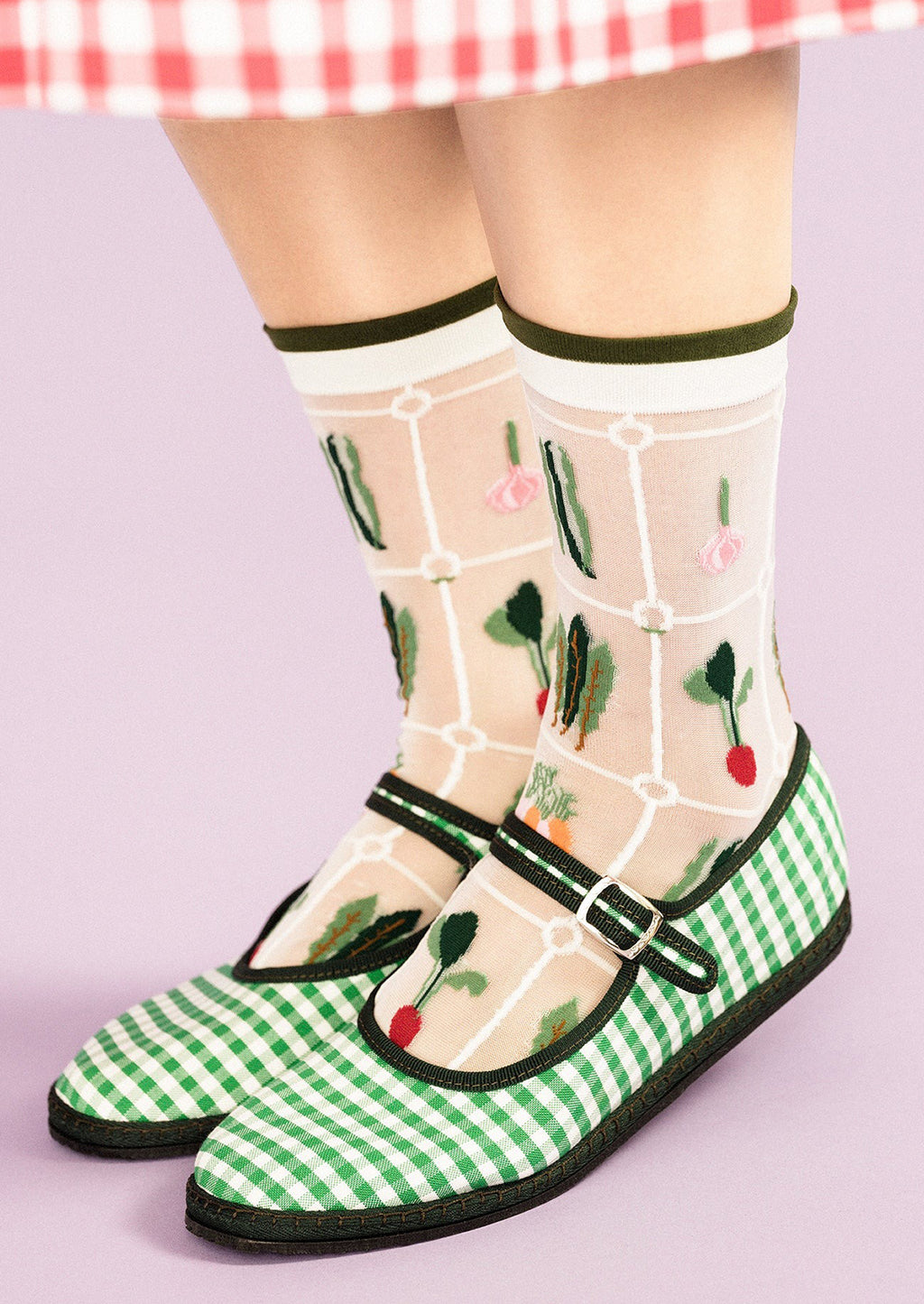 White: Sheer white nylon socks with multicolor veggie print.