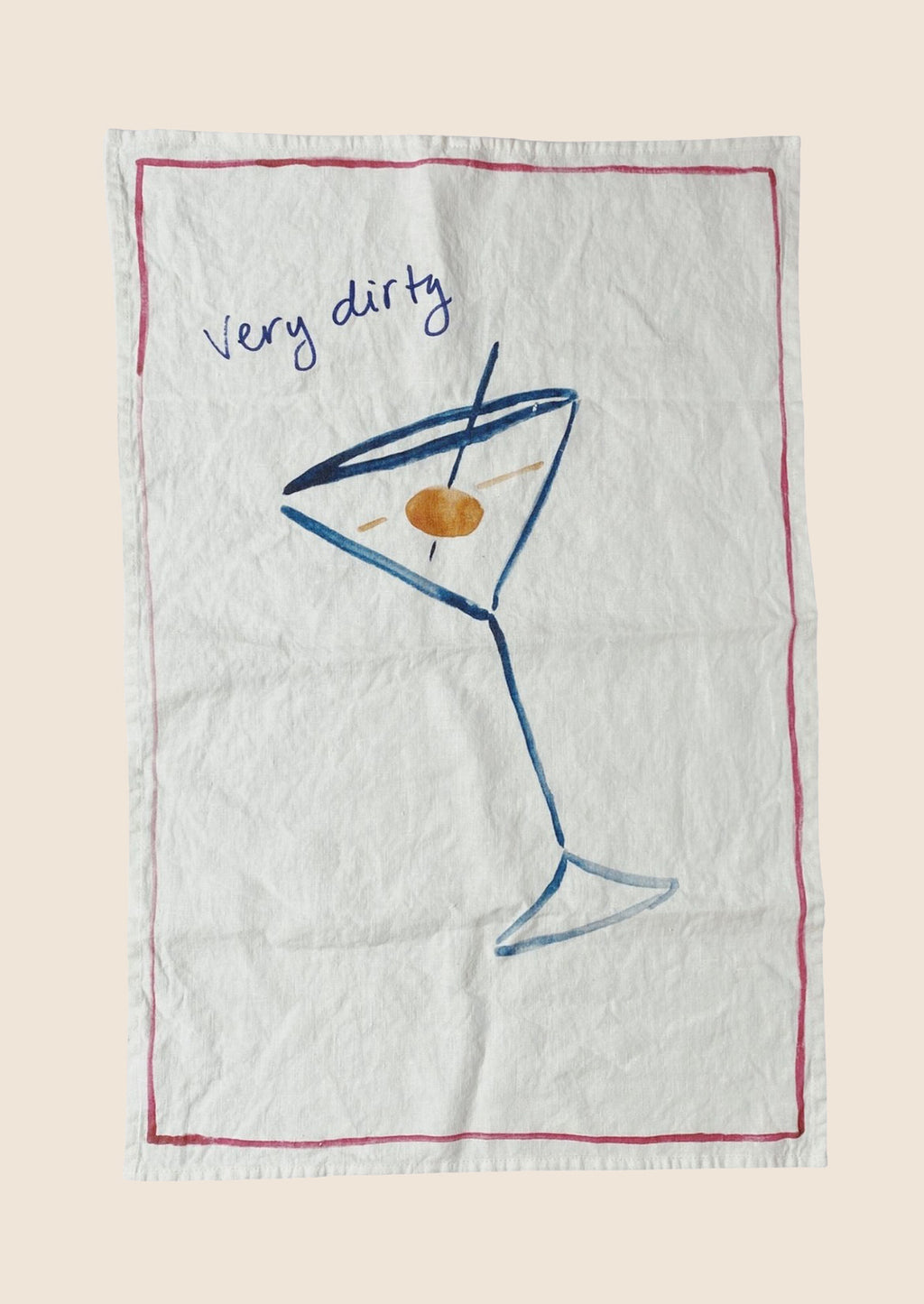 Very Dirty Martini: A white linen tea towel with Very Dirty Martini graphic and text.