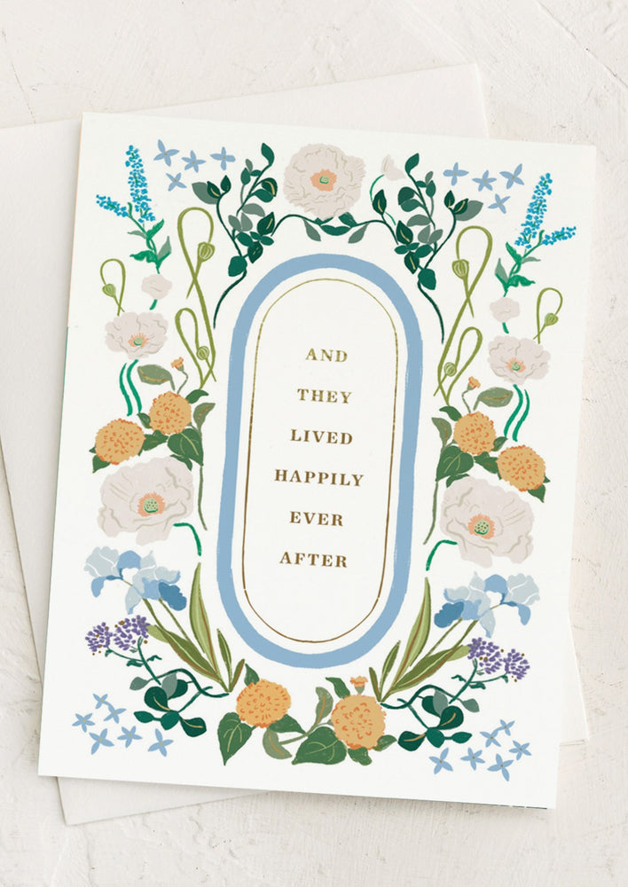 1: A floral print card reading "And they lived happily ever after".