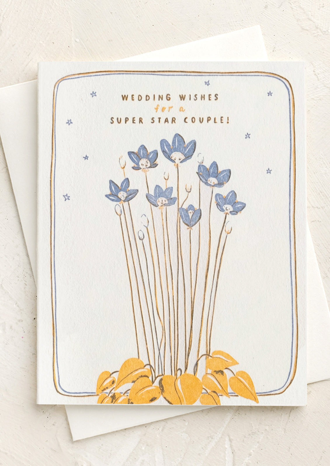 A card with illustration of tall flowers, text reads "Wedding Wishes For A Super Star Couple!".
