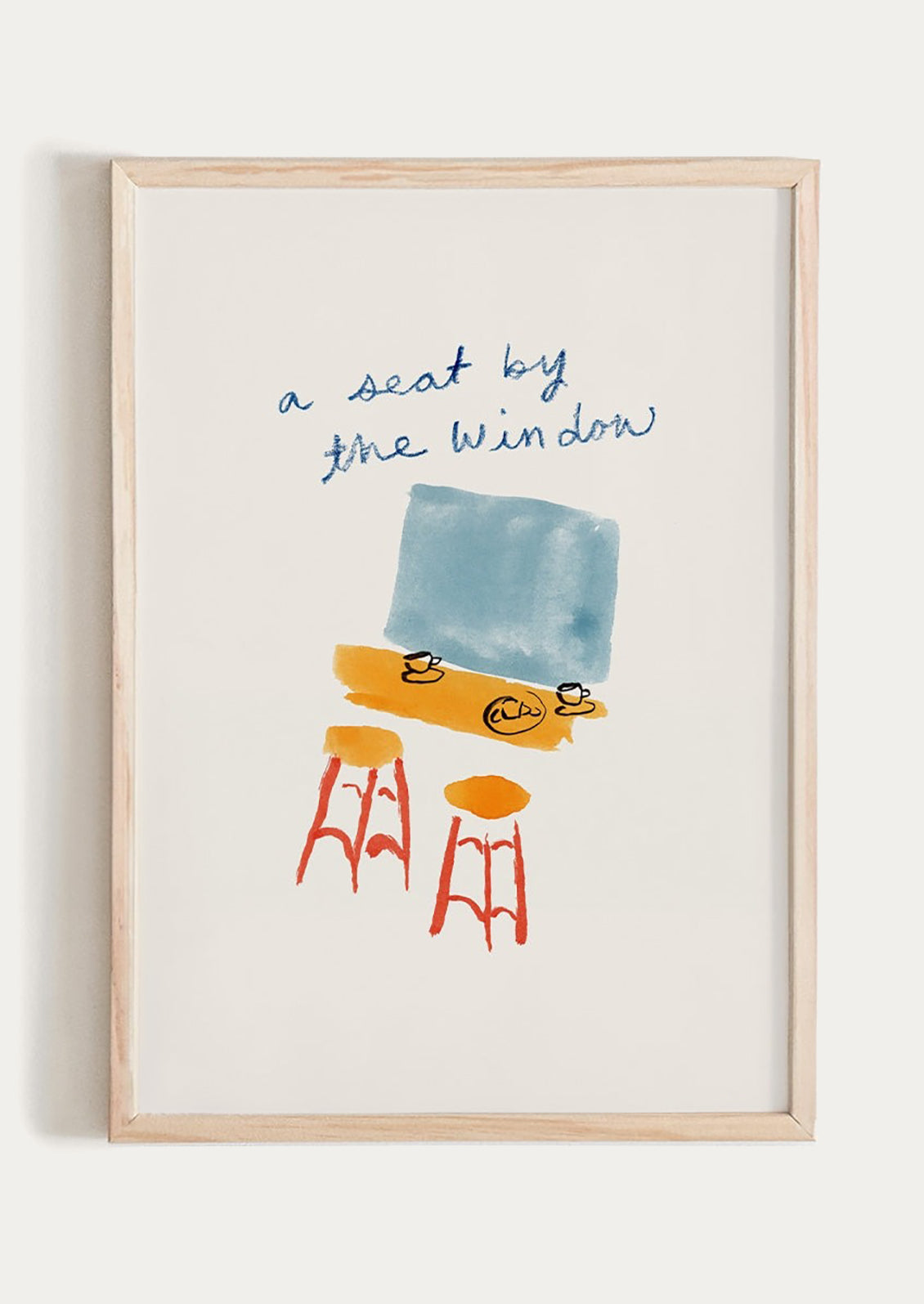 Framed artwork with a blue square, yellow bench, and red stools on a white background.
