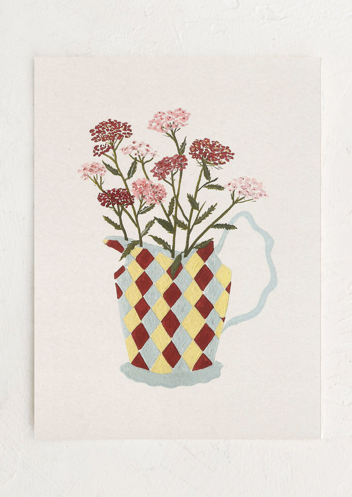 An art print of pink yarrow flowers in a harlequin print pitcher.