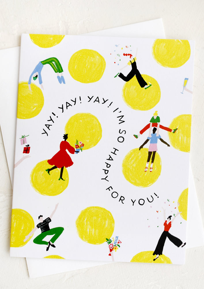 A polka dot print card reading "Yay! Yay! Yay! I'm so happy for you!".