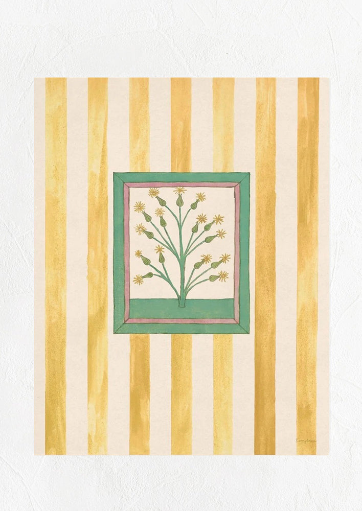 An art print with vertical yellow stripes and framed herb graphic at center.