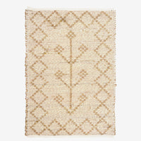 2: A seagrass rug in neutral color with talisman pattern and diamond border.