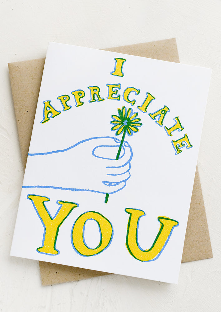 1: Card with image of a hand offering a flower, text reads "I Appreciate you".