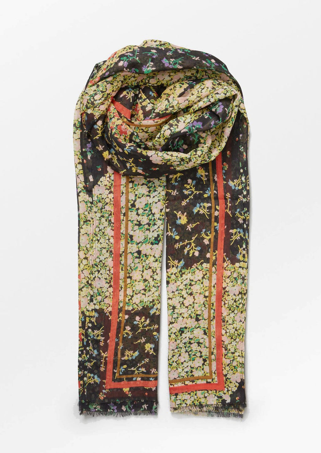 1: A black multicolor floral print scarf with red border detail.