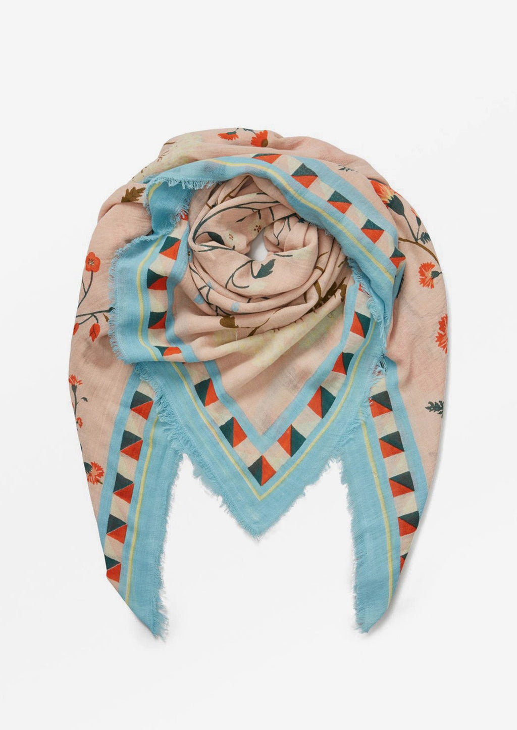 3: A scarf with blue geometric print border and orange and blue wildflower print.