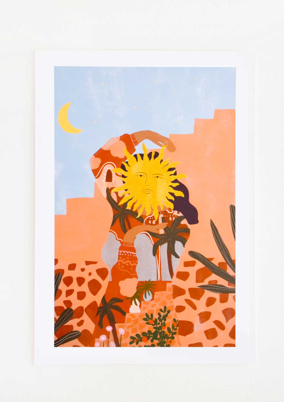 A playful scene in orange and blue of a woman who has the sun for a face.